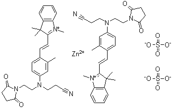 Bis[2-[2-[4-[(2-cyanoethyl)[2-(2,5-dioxo-1-pyrrolidinyl)ethyl]amino]-2-methylphenyl]ethenyl]-1,3,3-trimethyl-3H-indolium]zinc(4+) sulfate (1:2) molecular structure (CAS 64282-98-0)