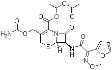 structure of CAS# 64544-07-6, Cefuroxime 1-acetoxyethyl ester ;(6R-(6alpha,7beta(Z)))-3-(((Aminocarbonyl)oxy)methyl)-7-((2-furanyl(methoxyimino)a cetyl)-amino)-8-oxo-5-thia-1-azabicyclo[4.2.0]oct-2-ene-2-carboxylic acid 1-(acetyloxy)ethyl ester