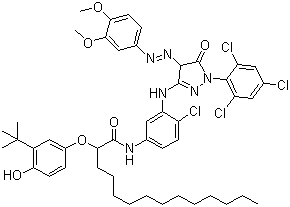 2-(3-tert-Butyl-4-hydroxyphenoxy)-N-(4-chloro-3-((4-((3,4-dimethoxyphenyl)azo)-4,5-dihydro-5-oxo-1-(2,4,6-trichlorophenyl)-1H-pyrazol-3-yl)amino)phenyl)myristamide molecular structure (CAS 65293-90-5)