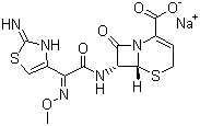 结构式 CAS# 68401-82-1, 头孢唑肟钠; (6R,7R)-7-[[2,3-二氢-2-亚氨基-4-噻唑基)(甲氧亚氨基)乙酰基]氨基]-8-氧代-5-硫杂-1-氮杂二环[4.2.0]辛-2-烯-2-羧酸钠盐