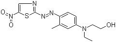 结构式 CAS# 68516-81-4, 分散蓝 106; 2-[乙基[3-甲基-4-[(5-硝基-2-噻唑基)偶氮]苯基]氨基]乙醇