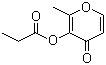 结构式 CAS# 68555-63-5, 丙酸麦芽酚酯; 2-甲基-3-(1-氧代丙氧基)-4H-吡喃-4-酮
