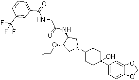 结构式 CAS# 709018-37-1, INCB 3344; N-[2-[[(3S,4S)-1-[4-(1,3-苯并二氧杂环戊烷-5-基)-4-羟基环己基]-4-乙氧基-3-吡咯烷基]氨基]-2-氧代乙基]-3-(三氟甲基)苯甲酰胺