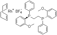 结构式 CAS# 71423-54-6, (S,S)-(+)-1,2-双[(邻甲氧苯基)(苯基)膦]乙烷(1,5-环辛二烯)合铑四氟硼酸盐