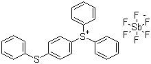 structure of CAS# 71449-78-0, 4-Thiophenyl phenyl diphenyl sulfonium hexafluoroantimonate;Diphenyl[4-(phenylthio)phenyl]sulfonium hexafluoroantimonate; S,S-Diphenyl-S-4-thiophenoxyphenylsulfonium hexafluoroantimonate