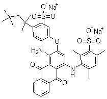 3-[[4-Amino-9,10-dihydro-9,10-dioxo-3-[sulfo-4-(1,1,3,3-tetramethylbutyl)phenoxy]-1-anthracenyl]amino]-2,4,6-trimethyl-benzenesulfonic acid disodium salt molecular structure (CAS 72243-90-4)