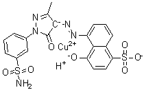 [5-[[1-[3-(Aminosulfonyl)phenyl]-4,5-dihydro-3-methyl-5-oxo-1H-pyrazol-4-yl]azo]-4-hydroxy-1-naphthalenesulfonato(3-)]cuprate(1-) hydrogen molecular structure (CAS 72391-07-2)