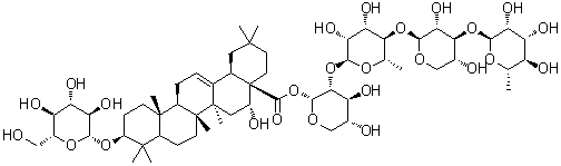 structure of CAS# 73039-13-1, Chrysantellin A;(3beta,16alpha)-3-(beta-D-Glucopyranosyloxy)-16-hydroxy-olean-12-en-28-oic acid O-6-deoxy-alpha-L-mannopyranosyl-(1→3)-O-beta-D-xylopyranosyl-(1→4)-O-6-deoxy-alpha-L-mannopyranosyl-(1→2)-alpha-D-xylopyranosyl ester