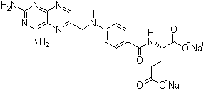 structure of CAS# 7413-34-5, Sodium methotrexate;Methotrexate disodium salt; Disodium N-[4-[[(2,4-diamino-6-pteridinyl)methyl]methylamino]benzoyl]-L-glutamate