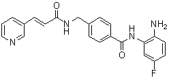 structure of CAS# 743420-02-2, Chidamide;N-(2-Amino-5-fluorophenyl)-4-[[[1-oxo-3-(3-pyridinyl)-2-propenyl]amino]methyl]benzamide
