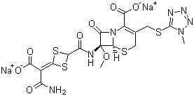 structure of CAS# 74356-00-6, Cefotetan disodium;Disodium (7R)-7-[[4-(carbamoyl-carboxylato-methylidene)-1,3-dithietane-2-carbonyl]amino]-7-methoxy-3-[(1-methyltetrazol-5-yl)sulfanylmethyl]-8-oxo-5-thia-1-azabicyclo[4.2.0]oct-2-ene-2-carboxylate