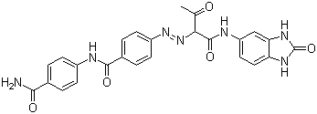 structure of CAS# 74441-05-7, Pigment Yellow 181;C.I. 11777; N-(4-(Aminocarbonyl)phenyl)-4-((1-(((2,3-dihydro-2-oxo-1H-benzimidazol-5-yl)amino)carbonyl)-2-oxopropyl)azo)benzamide; N-(4-Carbamoylphenyl)-4-[2-oxo-1-[(2-oxo-1,3-dihydrobenzoimidazol-5-yl)carbamoyl]propyl]diazenyl-benzamide