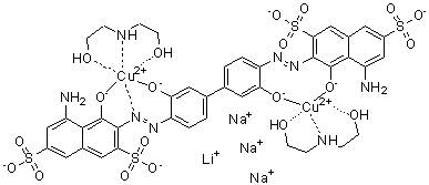 Lithium trisodium [mu-[[3,3'-[(3,3'-dihydroxy[1,1'-biphenyl]-4,4'-diyl)bis(azo)]bis[5-amino-4-hydroxy-2,7-naphthalenedisulfonato]]]]bis[2,2'-iminobis[ethanol]-N,O,O']dicuprate molecular structure (CAS 74592-99-7)