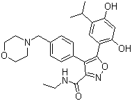 structure of CAS# 747412-49-3, AUY 922;5-[2,4-Dihydroxy-5-isopropylphenyl]-N-ethyl-4-[4-(4-morpholinylmethyl)phenyl]-3-isoxazolecarboxamide