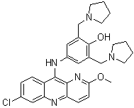 structure of CAS# 74847-35-1, Pyronaridine;Malaridine; 4-[(7-Chloro-2-methoxybenzo[b]-1,5-naphthyridin-10-yl)amino]-2,6-bis(1-pyrrolidinylmethyl)phenol