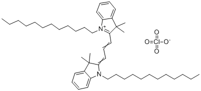 structure of CAS# 75664-01-6, DilC12(3) (iodide);1-Dodecyl-2-[3-(1-dodecyl-3,3-dimethylindol-1-ium-2-yl)prop-2-enylidene]-3,3-dimethylindole;perchlorate