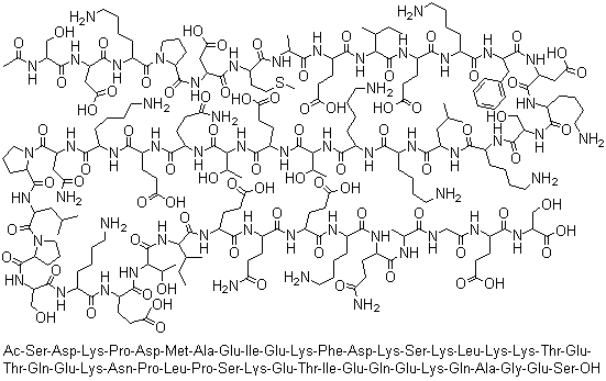 structure of CAS# 77591-33-4, Thymosin beta 4 acetate;Timbetasin; (4S)-4-[[2-[[(2S)-2-[[(2S)-2-[[(2S)-2-[[(2S)-2-[[(2S)-2-[[(2S)-2-[[(2S,3S)-2-[[(2S,3R)-2-[[(2S)-2-[[(2S)-2-[[(2S)-2-[[(2S)-1-[(2S)-2-[[(2S)-1-[(2S)-2-[[(2S)-2-[[(2S)-2-[[(2S)-2-[[(2S,3R)-2-[[(2S)-2-[[(2S,3R)-2-[[(2S)-2-[[(2S)-2-[[(2S)-2-[[(2S)-2-[[(2S)-2-[[(2S)-2-[[(2S)-2-[[(2S)-2-[[(2S)-2-[[(2S)-2-[[(2S,3S)-2-[[(2S)-2-[[(2S)-2-[[(2S)-2-[[(2S)-2-[[(2S)-1-[(2S)-2-[[(2S)-2-[[(2S)-2-acetamido-3-hydroxypropanoyl]amino]-3-carboxypropanoyl]amino]-6-aminohexanoyl]pyrrolidine-2-carbonyl]amino]-3-carboxypropanoyl]amino]-4-methylsulfanylbutanoyl]amino]propanoyl]amino]-4-carboxybutanoyl]amino]-3-methylpentanoyl]amino]-4-carboxybutanoyl]amino]-6-aminohexanoyl]amino]-3-phenylpropanoyl]amino]-3-carboxypropanoyl]amino]-6-aminohexanoyl]amino]-3-hydroxypropanoyl]amino]-6-aminohexanoyl]amino]-4-methylpentanoyl]amino]-6-aminohexanoyl]amino]-6-aminohexanoyl]amino]-3-hydroxybutanoyl]amino]-4-carboxybutanoyl]amino]-3-hydroxybutanoyl]amino]-5-amino-5-oxopentanoyl]amino]-4-carboxybutanoyl]amino]-6-aminohexanoyl]amino]-4-amino-4-oxobutanoyl]pyrrolidine-2-carbonyl]amino]-4-methylpentanoyl]pyrrolidine-2-carbonyl]amino]-3-hydroxypropanoyl]amino]-6-aminohexanoyl]amino]-4-carboxybutanoyl]amino]-3-hydroxybutanoyl]amino]-3-methylpentanoyl]amino]-4-carboxybutanoyl]amino]-5-amino-5-oxopentanoyl]amino]-4-carboxybutanoyl]amino]-6-aminohexanoyl]amino]-5-amino-5-oxopentanoyl]amino]propanoyl]amino]acetyl]amino]-5-[[(1S)-1-carboxy-2-hydroxyethyl]amino]-5-oxopentanoic acid