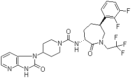 structure of CAS# 781649-09-0, Telcagepant;MK-0974; N-[(3R,6S)-6-(2,3-Difluorophenyl)hexahydro-2-oxo-1-(2,2,2-trifluoroethyl)-1H-azepin-3-yl]-4-(2,3-dihydro-2-oxo-1H-imidazo[4,5-b]pyridin-1-yl)-1-piperidinecarboxamide