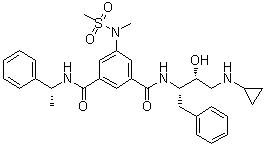 structure of CAS# 797035-11-1, beta-Secretase Inhibitor IV;N1-[(1S,2R)-3-(Cyclopropylamino)-2-hydroxy-1-(phenylmethyl)propyl]-5-[methyl(methylsulfonyl)amino]-N3-[(1R)-1-phenylethyl]-1,3-benzenedicarboxamide; Axon 1125