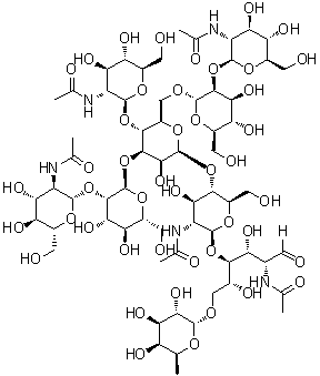 O-2-(Acetylamino)-2-deoxy-beta-D-glucopyranosyl-(1→2)-O-alpha-D-mannopyranosyl-(1→3)-O-[O-2-(acetylamino)-2-deoxy-beta-D-glucopyranosyl-(1→2)-alpha-D-mannopyranosyl-(1→6)]-O-[2-(acetylamino)-2-deoxy-beta-D-glucopyranosyl-(1→4)]-O-beta-D-mannopyranosyl-(1→4)-O-2-(acetylamino)-2-deoxy-beta-D-glucopyranosyl-(1→4)-O-[6-deoxy-alpha-L-galactopyranosyl-(1→6)]-2-(acetylamino)-2-deoxy-D-glucose molecular structure (CAS 79726-49-1)