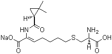 结构式 CAS# 81129-83-1, 西司他丁钠; 7-(2-氨基-2-甲酰基乙基)硫-2-(2,2-二甲基环丙)甲酰胺-庚-2-烯酸钠盐