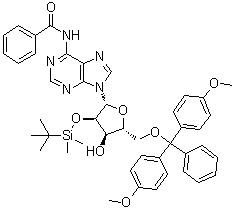 structure of CAS# 81265-93-2, N6-Benzoyl-5'-O-(4,4'-dimethoxytrityl)-2'-O-(tert-butyldimethylsilyl)adenosine;N-[9-[(2R,3R,4R,5R)-5-[[bis(4-methoxyphenyl)-phenylmethoxy]methyl]-3-[tert-butyl(dimethyl)silyl]oxy-4-hydroxyoxolan-2-yl]purin-6-yl]benzamide