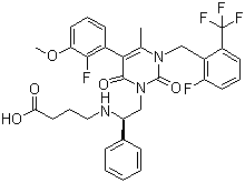 结构式 CAS# 834153-87-6, 噁拉戈利; 4-[[(1R)-2-[5-(2-氟-3-甲氧基苯基)-3-[[2-氟-6-(三氟甲基)苯基]甲基]-3,6-二氢-4-甲基-2,6-二氧代-1(2H)-嘧啶基]-1-苯乙基]氨基]丁酸