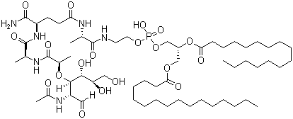 structure of CAS# 83461-56-7, Mifamurtide;Muramyl tripeptide phosphatidylethanolamine; N-(N-Acetylmuramoyl)-L-alanyl-D-alpha-glutaminyl-N-[(7R)-4-hydroxy-4-oxido-10-oxo-7-[(1-oxohexadecyl)oxy]-3,5,9-trioxa-4-phosphapentacos-1-yl]-L-alaninamide