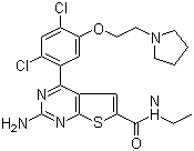 structure of CAS# 847559-80-2, NVP-BEP 800;2-Amino-4-[2,4-dichloro-5-[2-(1-pyrrolidinyl)ethoxy]phenyl]-N-ethylthieno[2,3-d]pyrimidine-6-carboxamide