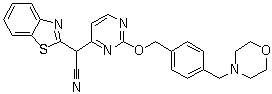 structure of CAS# 848344-36-5, AS 602801;Bentamapimod; (1,3-Benzothiazol-2-yl)[2-[[4-[(morpholin-4-yl)methyl]benzyl]oxy]pyrimidin-4-yl]acetonitrile