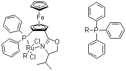 结构式 CAS# 849921-25-1, (+)-[(4R)-4-(异丙基)-2-[(R)-2-(二苯基膦)二茂铁]恶唑啉](三苯基膦)二氯化钌