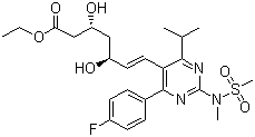 结构式 CAS# 851443-04-4, 瑞舒伐他汀乙酯; 罗苏伐他汀乙酯; 超级他汀乙酯; 7-[4-(4-氟苯基)-6-异丙基-2-(N-甲基-N-甲磺酰氨基)嘧啶-5-基]-3,5-二羟基-6(E)-庚烯酸乙酯