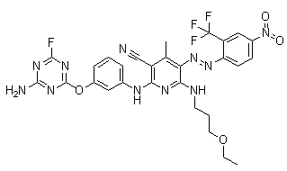 2-[[3-[(4-Amino-6-fluoro-1,3,5-triazin-2-yl)oxy]phenyl]amino]-6-[(3-ethoxypropyl)amino]-4-methyl-5-[2-[4-nitro-2-(trifluoromethyl)phenyl]diazenyl]-3-pyridinecarbonitrile molecular structure (CAS 85495-56-3)