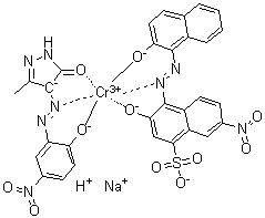 Sodium hydrogen [2,4-dihydro-4-[(2-hydroxy-5-nitrophenyl)azo]-5-methyl-3H-pyrazol-3-onato][3-hydroxy-4-[(2-hydroxy-1-naphthalenyl)azo]-7-nitro-1-naphthalenesulfonato]chromate molecular structure (CAS 85865-89-0)