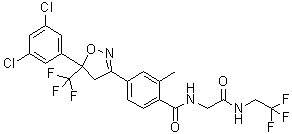 structure of CAS# 864731-61-3, Fluralaner;4-[5-(3,5-Dichlorophenyl)-5-(trifluoromethyl)-4,5-dihydro-1,2-oxazol-3-yl]-2-methyl-N-[2-oxo-2-[(2,2,2-trifluoroethyl)amino]ethyl]benzamide; A 1443; AH 252723; Bravecto