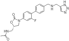 structure of CAS# 869884-78-6, Radezolid;N-[[(5S)-3-[2-Fluoro-4'-[[(1H-1,2,3-triazol-5-ylmethyl)amino]methyl][1,1'-biphenyl]-4-yl]-2-oxo-5-oxazolidinyl]methyl]acetamide