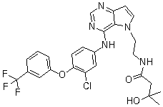structure of CAS# 871026-44-7, TAK 285;N-[2-[4-[[3-Chloro-4-[3-(trifluoromethyl)phenoxy]phenyl]amino]-5H-pyrrolo[3,2-d]pyrimidin-5-yl]ethyl]-3-hydroxy-3-methylbutanamide