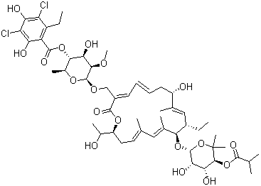 structure of CAS# 873857-62-6, Fidaxomicin;R-Tiacumicin B; Tiacumicin B; OPT-80; PAR-101; 3-(((6-Deoxy-4-O-(3,5-dichloro-2-ethyl-4,6-dihydroxybenzoyl)-2-O-methyl-b-D-mannopyranosyl)oxy)-methyl)-12(R)-[(6-deoxy-5-C-methyl-4-O-(2-methyl-1-oxopropyl)-b-D-lyxo-hexopyranosyl)oxy]-11(S)-ethyl-8(S)-hydroxy-18(S)-(1(R)-hydroxyethyl)-9,13,15-trimethyloxacyclooctadeca-3,5,9,13,15-pentaene-2-one; Lipiarmycin