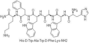 structure of CAS# 87616-84-0, Growth hormone releasing peptide;GHRP-6; (2S)-6-amino-2-[[2-[[(2S)-2-[[(2S)-2-[[(2R)-2-[[(2S)-2-amino-3-(3H-imidazol-4-yl)propanoyl]amino]-3-(1H-indol-3-yl)propanoyl]amino]propanoyl]amino]-3-(1H-indol-3-yl)propanoyl]amino]-3-phenyl-propanoyl]amino]hexanamide