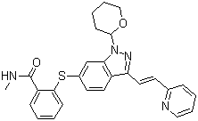 结构式 CAS# 885126-35-2, N-甲基-2-[[3-[(1E)-2-(2-吡啶基)乙烯基]-1-(四氢-2H-吡喃-2-基)-1H-吲唑-6-基]硫基]苯甲酰胺