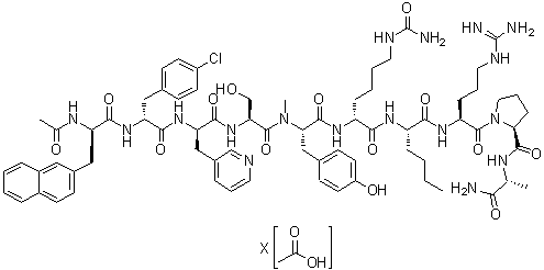 N-乙酰基-3-(2-萘基)-D-丙氨酰-4-氯-D-苯丙氨酰-3-(3-吡啶基)-D-丙氨酰-L-丝氨酰-N-甲基-L-酪氨酰-N6-(氨基羰基)-D-赖氨酰-L-正亮氨酰-L-精氨酰-L-脯氨酰-D-丙氨酰胺乙酸盐分子结构 (CAS 896710-46-6)