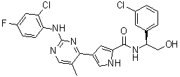 structure of CAS# 896720-20-0, 4-[2-[(2-Chloro-4-fluorophenyl)amino]-5-methyl-4-pyrimidinyl]-N-[(1S)-1-(3-chlorophenyl)-2-hydroxyethyl]-1H-pyrrole-2-carboxamide