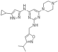 结构式 CAS# 898280-07-4, N4-(5-环丙基-1H-吡唑-3-基)-N2-[[3-异丙基-5-异恶唑基]甲基]-6-(4-甲基-1-哌嗪基)-2,4-嘧啶二胺