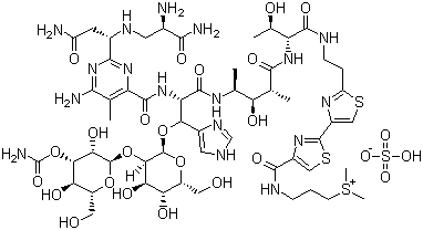 structure of CAS# 9041-93-4, Bleomycin sulfate;3-[[2-[2-[2-[2-[4-[2-[6-Amino-2-[1-(2-amino-2-carbamoyl-ethyl)amino-2-carbamoyl-ethyl]-5-methyl-pyrimidin-4-yl]carbonylamino-3-[3-[4-carbamoyloxy-3,5-dihydroxy-6-(hydroxymethyl)tetrahydropyran-2-yl]oxy-4,5-dihydroxy-6-(hydroxymethyl)tetrahydropyran-2-yl]oxy-3-(3H-imidazol-4-yl)propanoyl]amino-3-hydroxy-2-methyl-pentanoyl]amino-3-hydroxy-butanoyl]aminoethyl]-1,3-thiazol-4-yl]-1,3-thiazol-4-yl]carbonylamino]propyl-dimethyl-sulfonium hydrogen sulfate