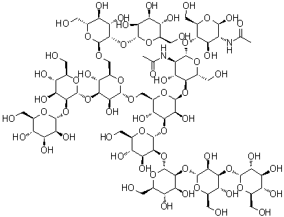O-alpha-D-Glucopyranosyl-(1→3)-[O-alpha-D-mannopyranosyl-(1→2)]2-O-alpha-D-mannopyranosyl-(1→3)-O-[O-alpha-D-mannopyranosyl-(1→2)-O-alpha-D-mannopyranosyl-(1→3)-O-[O-alpha-D-mannopyranosyl-(1→2)-alpha-D-mannopyranosyl-(1→6)]-alpha-D-mannopyranosyl-(1→6)]-O-beta-D-mannopyranosyl-(1→4)-O-2-(acetylamino)-2-deoxy-beta-D-glucopyranosyl-(1→4)-2-(acetylamino)-2-deoxy-beta-D-glucopyranose molecular structure (CAS 906471-35-0)