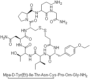 structure of CAS# 90779-69-4, Atosiban;1-(3-Mercaptopropanoic acid)-2-(O-ethyl-D-tyrosine)-4-L-threonine-8-L-ornithineoxytocin; 1-Deamino-2-D-Tyr-(O-ethyl)-4-Thr-8-ornoxytocin; (2S)-N-[(1S)-4-Amino-1-(carbamoylmethylcarbamoyl)butyl]-1-[(4S,7S,13S,16R)-13-[(2S)-butan-2-yl]-7-(carbamoylmethyl)-16-[(4-ethoxyphenyl)methyl]-10-(1-hydroxyethyl)-6,9,12,15,18-pentaoxo-1,2-dithia-5,8,11,14,17-pentazacycloicosane-4-carbonyl]pyrrolidine-2-carboxamide