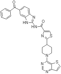 structure of CAS# 913822-46-5, N-(6-Benzoyl-1H-benzimidazol-2-yl)-2-(1-thieno[3,2-d]pyrimidin-4-yl-4-piperidinyl)-4-thiazolecarboxamide;SC 75741; V 1810