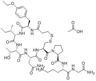 structure of CAS# 914453-95-5, Atosiban acetate;Acetic acid;(2S)-N-[(2S)-5-amino-1-[(2-amino-2-oxoethyl)amino]-1-oxopentan-2-yl]-1-[(4R,7S,10S,13S,16R)-7-(2-amino-2-oxoethyl)-13-[(2S)-butan-2-yl]-16-[(4-ethoxyphenyl)methyl]-10-[(1R)-1-hydroxyethyl]-6,9,12,15,18-pentaoxo-1,2-dithia-5,8,11,14,17-pentazacycloicosane-4-carbonyl]pyrrolidine-2-carboxamide
