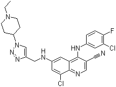 structure of CAS# 915363-56-3, 8-Chloro-4-[(3-chloro-4-fluorophenyl)amino]-6-[[[1-(1-ethylpiperidin-4-yl)-1H-1,2,3-triazol-4-yl]methyl]amino]quinoline-3-carbonitrile