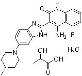 结构式 CAS# 915769-50-5, 多韦替尼; 4-氨基-5-氟-3-[6-(4-甲基-1-哌嗪基)-1H-苯并咪唑-2-基]-2(1H)-喹啉酮 2-羟基丙酸盐一水物
